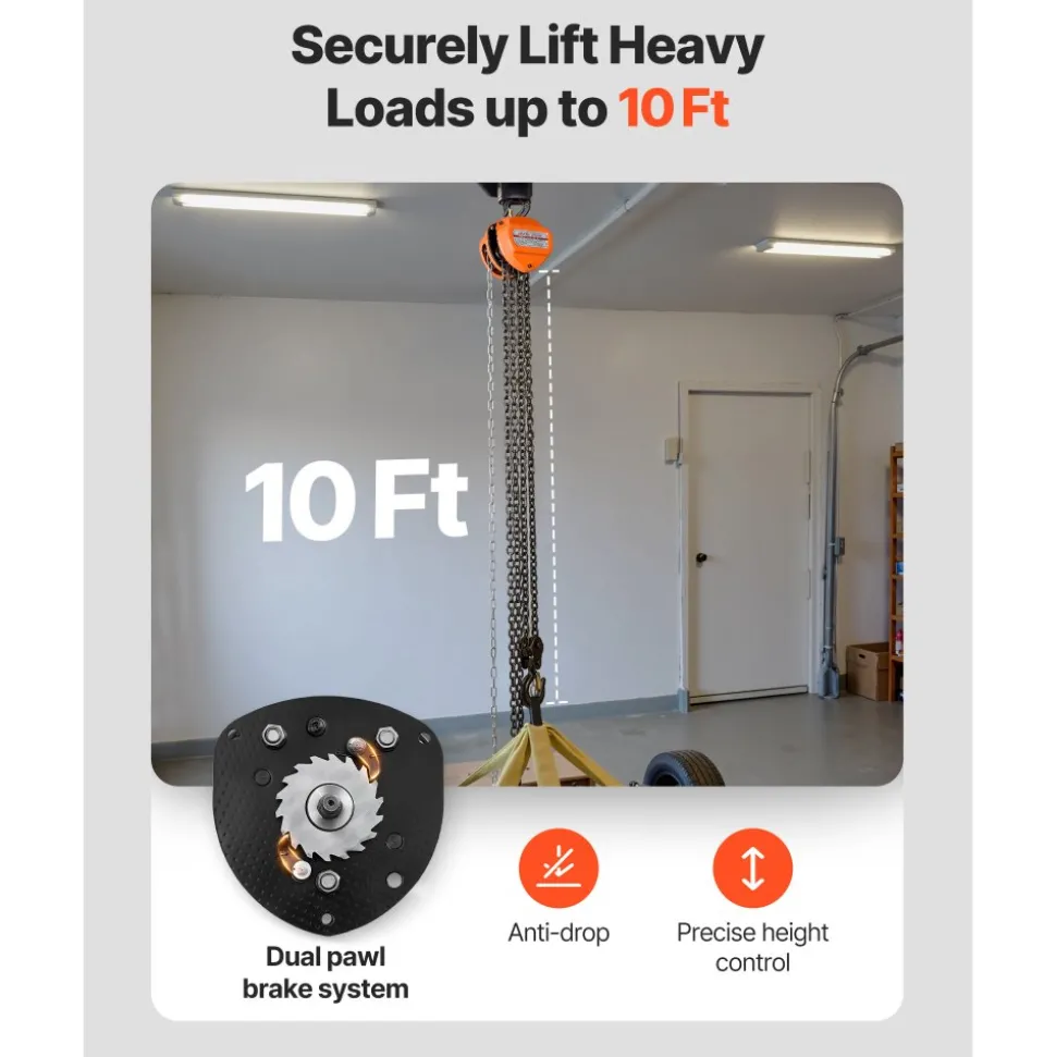 VEVOR Hand Chain Hoist, 3 Ton 6600 lbs Capacity, Manual Chain Block with Upgrade G80 Galvanized Chain, 10 ft Lifting Height, Heavy Duty Pulley Hoist for Garage Warehouse Automotive Machinery, Orange
