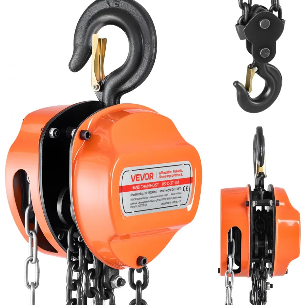 VEVOR Hand Chain Hoist, 3 Ton 6600 lbs Capacity, Manual Chain Block with Upgrade G80 Galvanized Chain, 10 ft Lifting Height, Heavy Duty Pulley Hoist for Garage Warehouse Automotive Machinery, Orange
