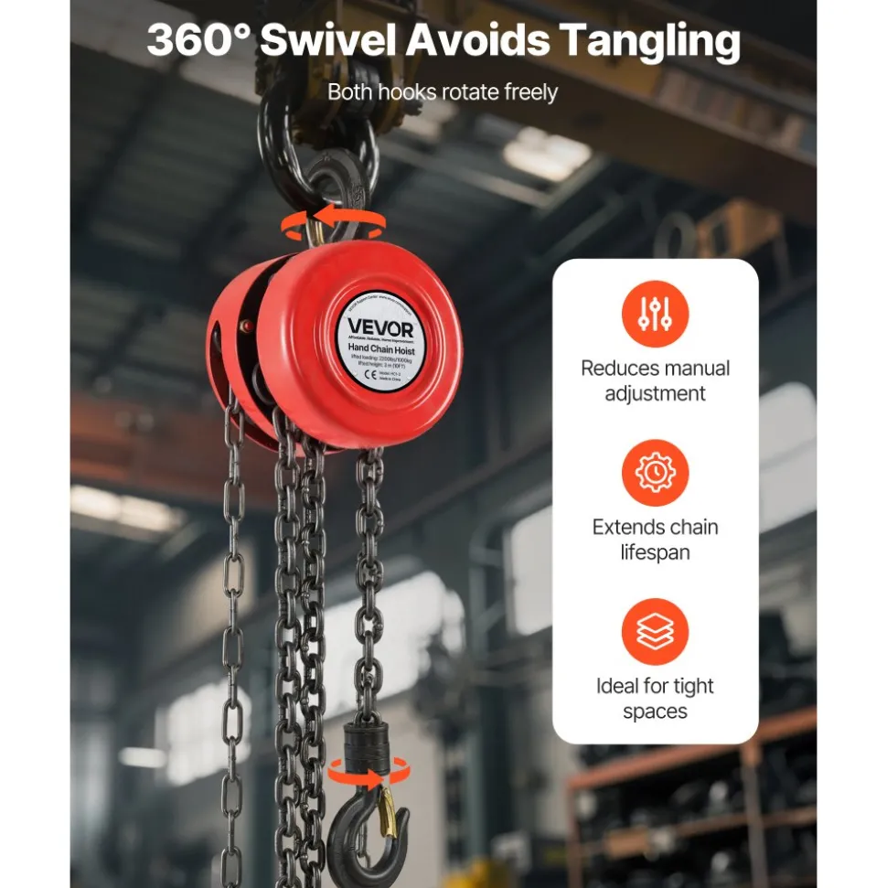 VEVOR Hand Chain Hoist, 1 Ton 2200 lbs Capacity, Manual Chain Block with Upgrade G70 Galvanized Chain, 10 ft Lifting Height, Heavy Duty Pulley Hoist for Garage Warehouse Automotive Machinery, Red