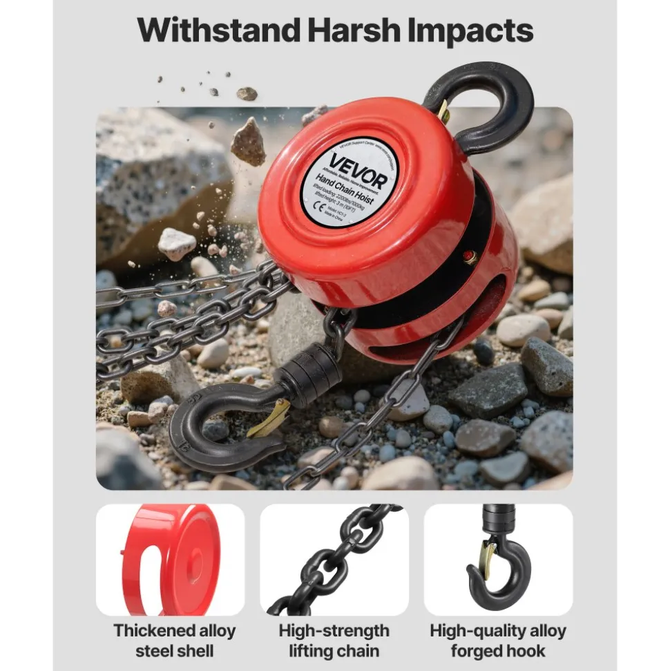 VEVOR Hand Chain Hoist, 1 Ton 2200 lbs Capacity, Manual Chain Block with Upgrade G70 Galvanized Chain, 10 ft Lifting Height, Heavy Duty Pulley Hoist for Garage Warehouse Automotive Machinery, Red