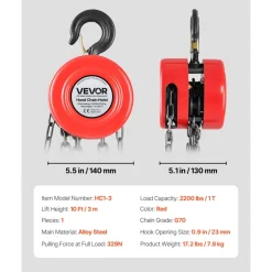 VEVOR Hand Chain Hoist, 1 Ton 2200 lbs Capacity, Manual Chain Block with Upgrade G70 Galvanized Chain, 10 ft Lifting Height, Heavy Duty Pulley Hoist for Garage Warehouse Automotive Machinery, Red