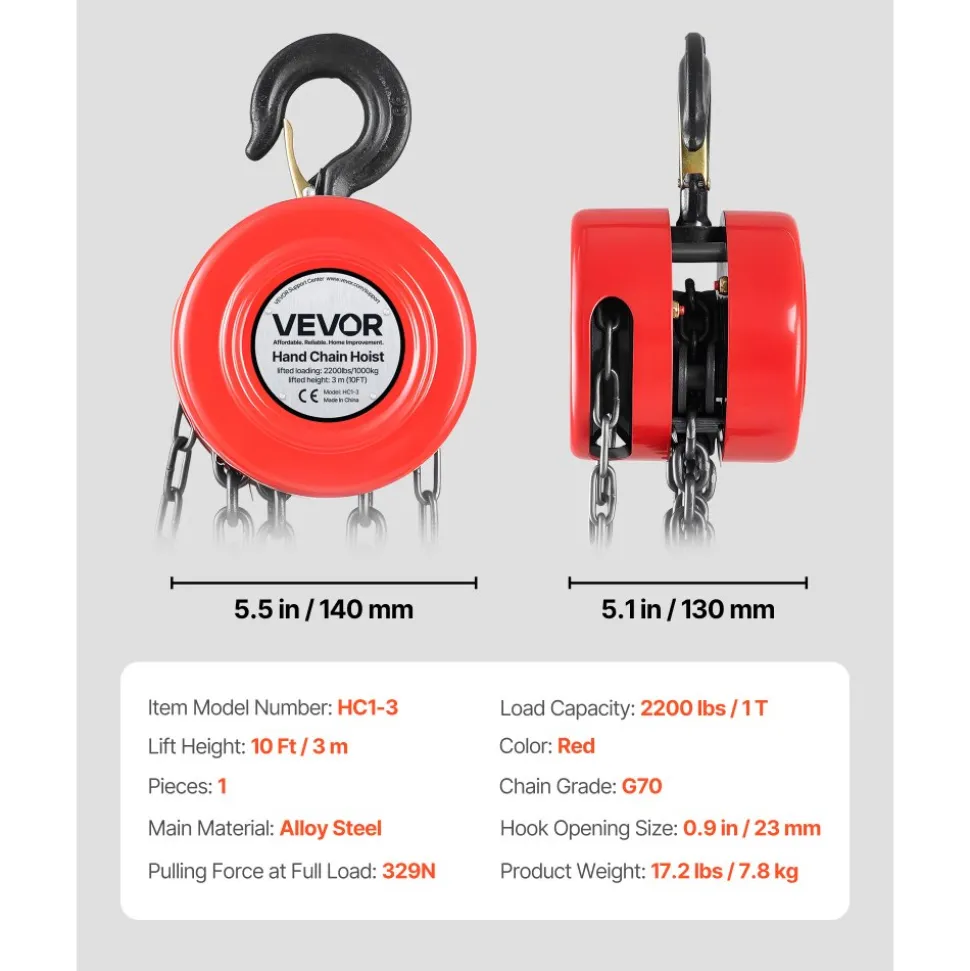 VEVOR Hand Chain Hoist, 1 Ton 2200 lbs Capacity, Manual Chain Block with Upgrade G70 Galvanized Chain, 10 ft Lifting Height, Heavy Duty Pulley Hoist for Garage Warehouse Automotive Machinery, Red