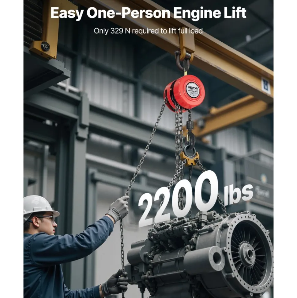 VEVOR Hand Chain Hoist, 1 Ton 2200 lbs Capacity, Manual Chain Block with Upgrade G70 Galvanized Chain, 10 ft Lifting Height, Heavy Duty Pulley Hoist for Garage Warehouse Automotive Machinery, Red