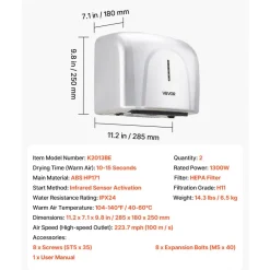 VEVOR Hand Dryer, 2 Pack 1300W Bathroom Air Hand Dryer, Automatic High Speed with HEPA Filter, Fast Drying, ABS Construction, AC110-120V Commercial Wall Mounted for Home Bathroom, Guest Room,Homestay