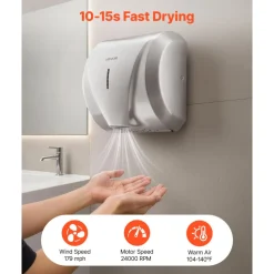 VEVOR Hand Dryer, 1800W Bathroom Air Hand Dryer, Automatic High Speed with HEPA Filter, Fast Drying, Heavy Duty Brushed Stainless Steel, AC110-120V Commercial Wall Mounted for Restroom, Hotel, Office