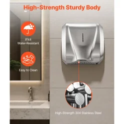 VEVOR Hand Dryer, 1800W Bathroom Air Hand Dryer, Automatic High Speed with HEPA Filter, Fast Drying, Heavy Duty Brushed Stainless Steel, AC110-120V Commercial Wall Mounted for Restroom, Hotel, Office