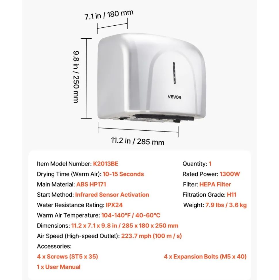 VEVOR Hand Dryer, 1300W Bathroom Air Hand Dryer, Automatic High Speed with HEPA Filter, Fast Drying, Premium ABS Construction, AC110-120V Commercial Wall Mounted for Home Bathroom, Guest Room,Homestay