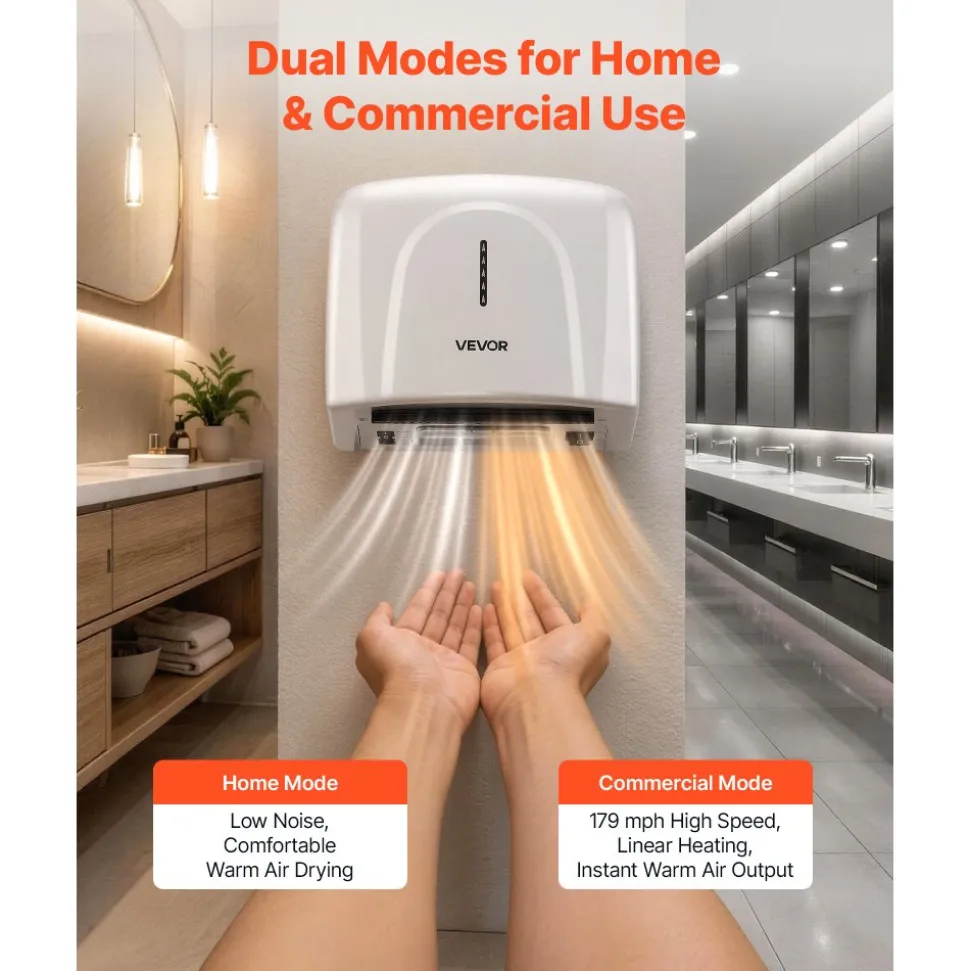 VEVOR Hand Dryer, 1300W Bathroom Air Hand Dryer, Automatic High Speed with HEPA Filter, Fast Drying, Premium ABS Construction, AC110-120V Commercial Wall Mounted for Home Bathroom, Guest Room,Homestay