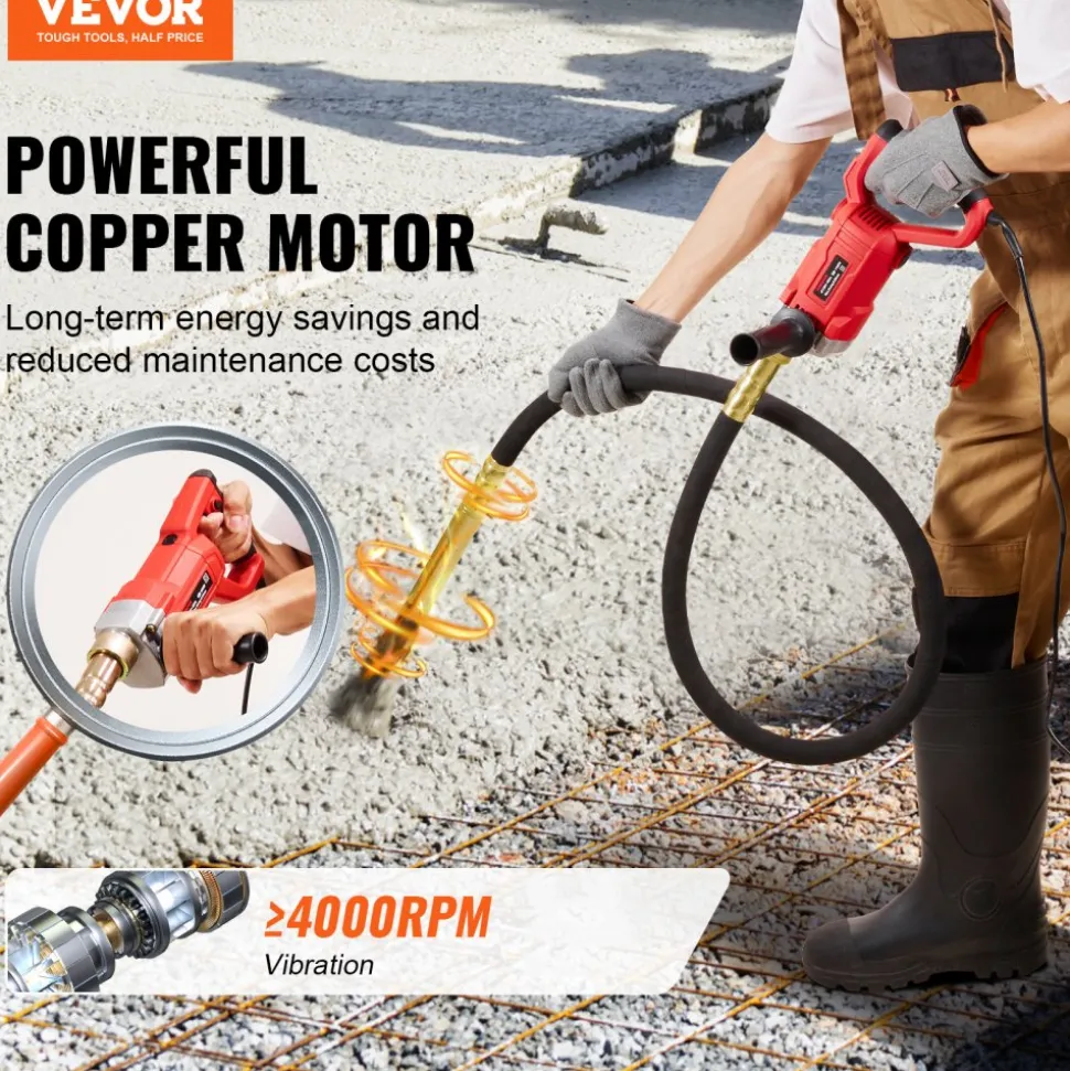 VEVOR Handheld Concrete Vibrator, 800W Electric Vibrator 13000 VPM, Electric Concrete Vibrating Tool With 6.6ft / 2m Shaft Rod, Portable Pencil Cement Vibrator Remove Air Bubble and Mix Concrete