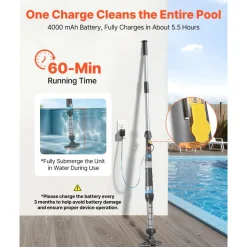 VEVOR Handheld Pool Vacuum, 8.5 GPM Cordless Spa Hot Tub Vacuum with Extension Pole and 2 Brush Heads, 60 Mins Running Time, for Small Debris, Sand, Rechargeable Pool Cleaner for Above Ground Pools