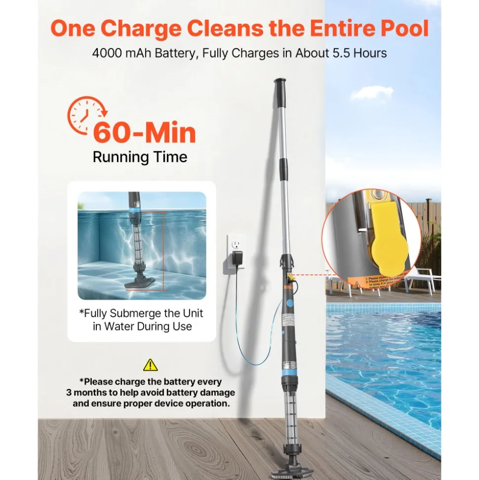 VEVOR Handheld Pool Vacuum, 8.5 GPM Cordless Spa Hot Tub Vacuum with Extension Pole and 2 Brush Heads, 60 Mins Running Time, for Small Debris, Sand, Rechargeable Pool Cleaner for Above Ground Pools