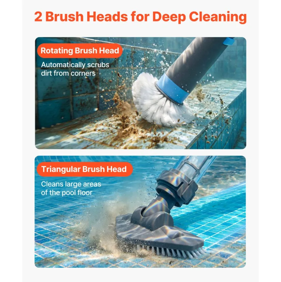 VEVOR Handheld Pool Vacuum, 8.5 GPM Cordless Spa Hot Tub Vacuum with Extension Pole and 2 Brush Heads, 60 Mins Running Time, for Small Debris, Sand, Rechargeable Pool Cleaner for Above Ground Pools