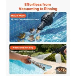 VEVOR Handheld Pool Vacuum, 8.5 GPM Cordless Spa Hot Tub Vacuum with Extension Pole and 2 Brush Heads, 60 Mins Running Time, for Small Debris, Sand, Rechargeable Pool Cleaner for Above Ground Pools