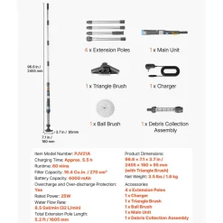 VEVOR Handheld Pool Vacuum, 8.5 GPM Cordless Spa Hot Tub Vacuum with Extension Pole and 2 Brush Heads, 60 Mins Running Time, for Small Debris, Sand, Rechargeable Pool Cleaner for Above Ground Pools