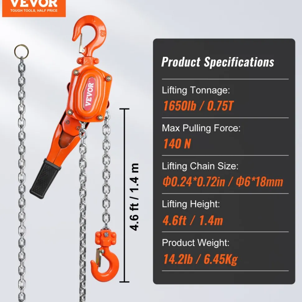 VEVOR Hand-Operated Chain Lift, 1650 lbs Load, 5ft Length, G80 Zinc-Coated Steel, Dual-Pawl Brake System, Automatic Chain Guide & Swivel Hook, Ideal for Workshops, Warehouses, and Loading Docks
