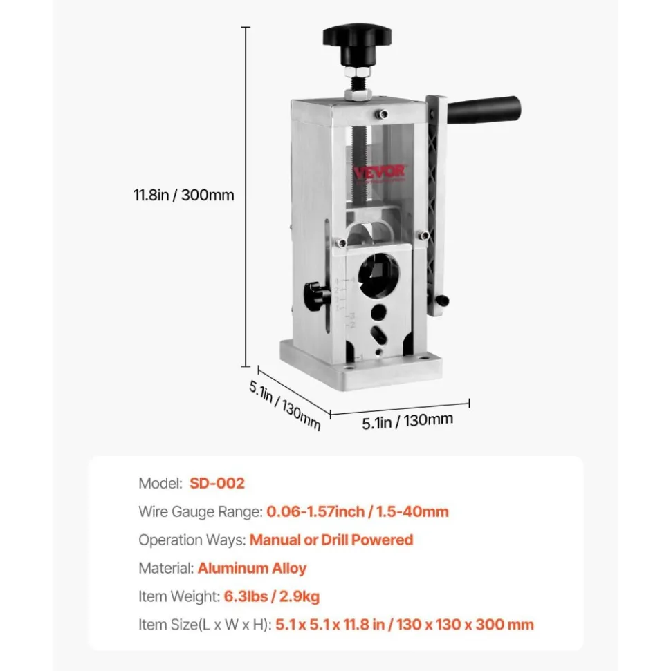 VEVOR Hand-Operated Wire Stripper, 0.06''-1.5'' Cable Removal Tool, Drill Attachment Option, Clear Depth Gauge, Lightweight Aluminum Build for Efficient Copper Scrap Processing