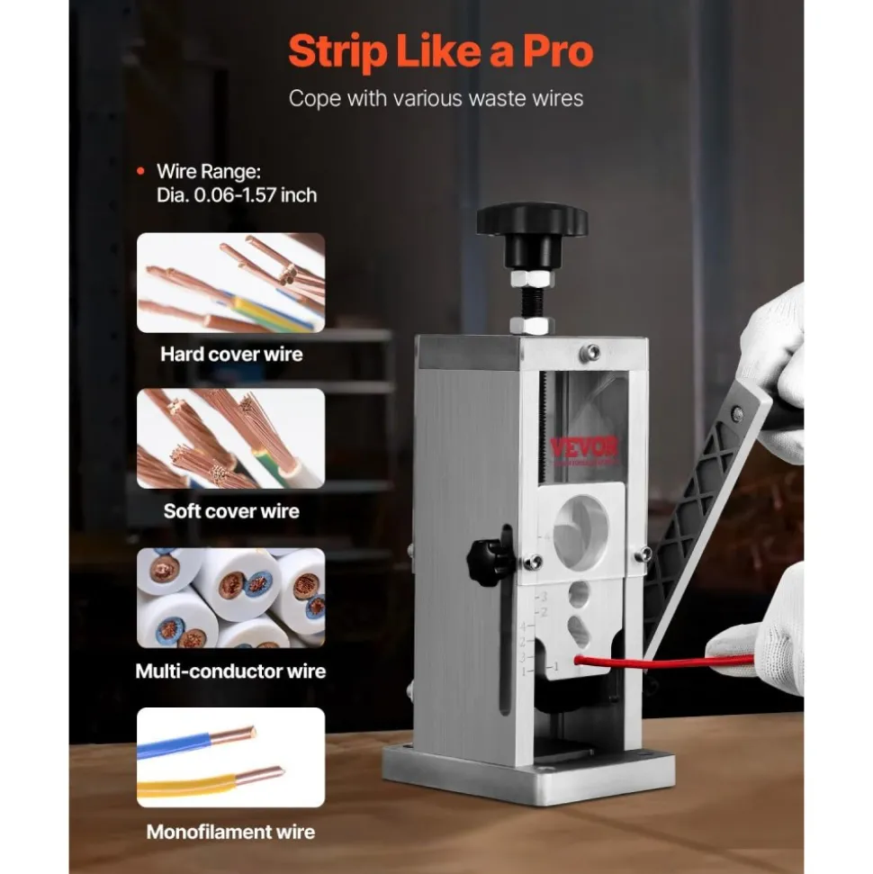 VEVOR Hand-Operated Wire Stripper, 0.06''-1.5'' Cable Removal Tool, Drill Attachment Option, Clear Depth Gauge, Lightweight Aluminum Build for Efficient Copper Scrap Processing