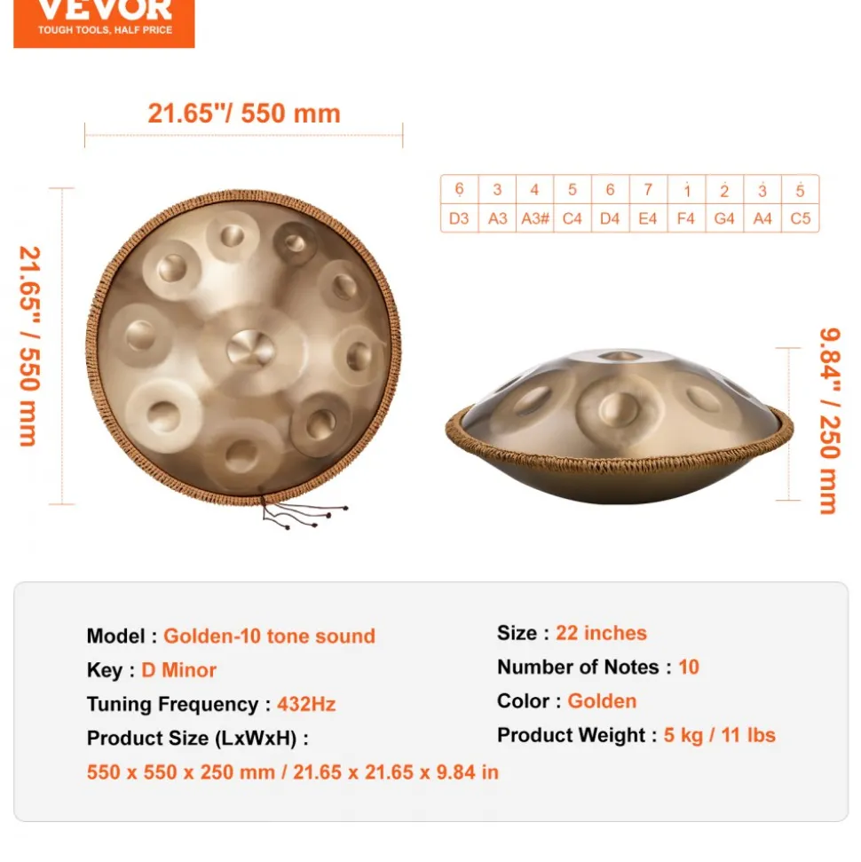 VEVOR Handpan Drum, 22 in & 10 Notes, D Minor Hand Drum, Hand Pan Drum Instrument with Mallets, 432Hz Handpan Stand & Carry Bag, Steel Healing Sound Drum, Percussion Instruments for Adults Beginners