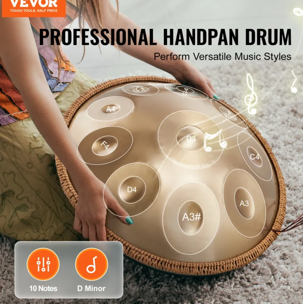 VEVOR Handpan Drum, 22 in & 10 Notes, D Minor Hand Drum, Hand Pan Drum Instrument with Mallets, 432Hz Handpan Stand & Carry Bag, Steel Healing Sound Drum, Percussion Instruments for Adults Beginners