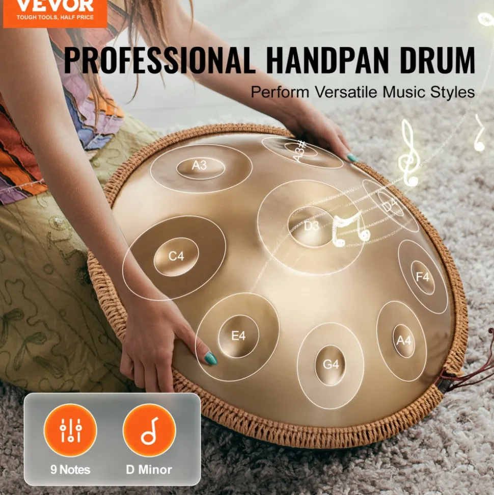VEVOR Handpan Drum, 22 in & 9 Notes, D Minor Hand Drum, Hand Pan Drum Instrument with Mallets, 440Hz Handpan Stand & Carry Bag, Steel Healing Sound Drum, Percussion Instruments for Adults Beginners
