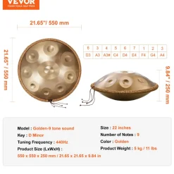 VEVOR Handpan Drum, 22 in & 9 Notes, D Minor Hand Drum, Hand Pan Drum Instrument with Mallets, 440Hz Handpan Stand & Carry Bag, Steel Healing Sound Drum, Percussion Instruments for Adults Beginners