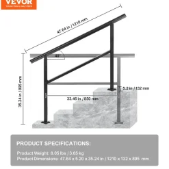 VEVOR Handrail Outdoor Stairs 47.6 X 35.2 Inch Outdoor Handrail Outdoor Stair Railing Adjustable from 0 to 30 Degrees Handrail for Stairs Outdoor Aluminum Black Stair Railing Fit 3-4 Steps