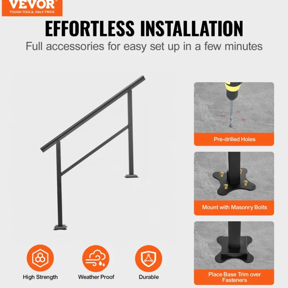 VEVOR Handrail Outdoor Stairs 47.6 X 35.2 Inch Outdoor Handrail Outdoor Stair Railing Adjustable from 0 to 30 Degrees Handrail for Stairs Outdoor Aluminum Black Stair Railing Fit 3-4 Steps