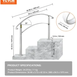 VEVOR Handrails for Outdoor Steps, Fit 1 or 3 Steps Outdoor Stair Railing, White Wrought Iron Handrail, Flexible Front Porch Hand Rail, Transitional Handrails for Concrete Steps or Wooden Stairs