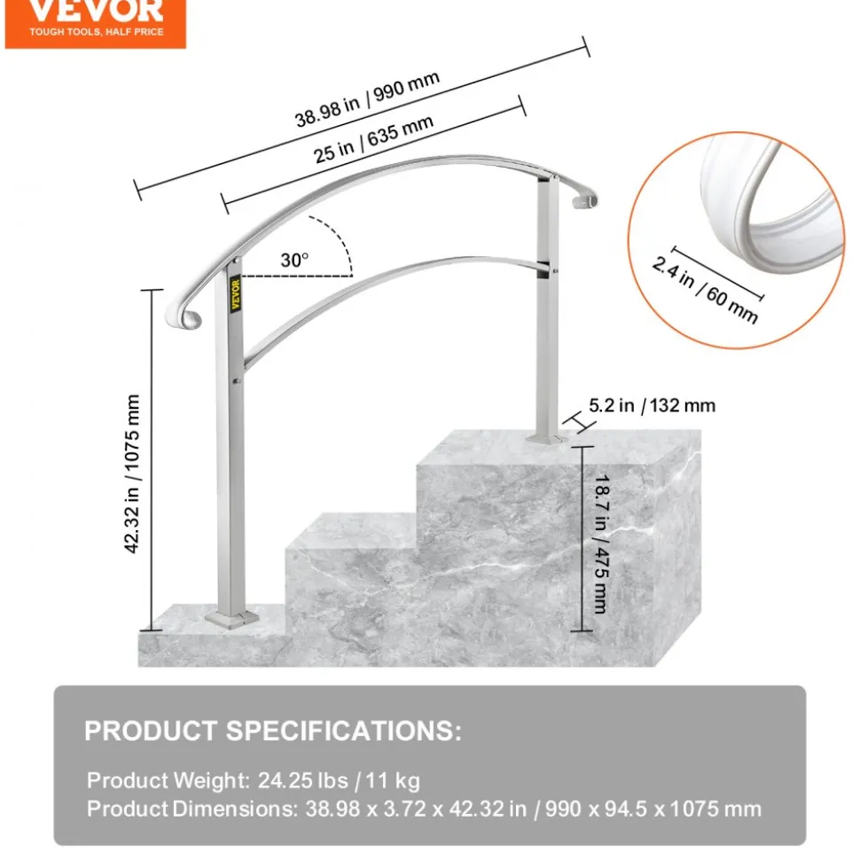 VEVOR Handrails for Outdoor Steps, Fit 1 or 3 Steps Outdoor Stair Railing, White Wrought Iron Handrail, Flexible Front Porch Hand Rail, Transitional Handrails for Concrete Steps or Wooden Stairs