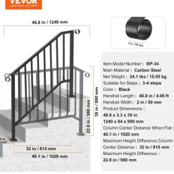 VEVOR Handrails for Outdoor Steps, 3-4 Step Stair Hand Rail Kit, Transitional Iron Railings with Installation Kit, Stair Rails for Seniors, Concrete Steps & Porch & Deck, Black Retro Arch