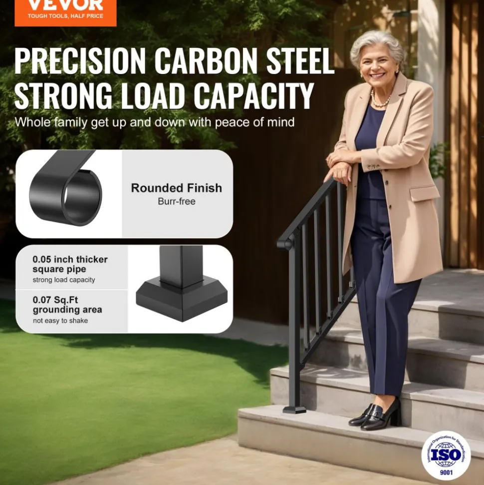 VEVOR Handrails for Outdoor Steps, 3-4 Step Stair Hand Rail Kit, Transitional Iron Railings with Installation Kit, Stair Rails for Seniors, Concrete Steps & Porch & Deck, Black Retro Arch