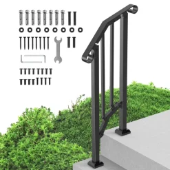 VEVOR Handrails for Outdoor Steps, 1-2 Step Stair Hand Rail Kit, Transitional Carbon Steel Railings with Installation Kit, Stair Rails for Seniors, Concrete Steps & Porch & Deck, Black Retro Arch
