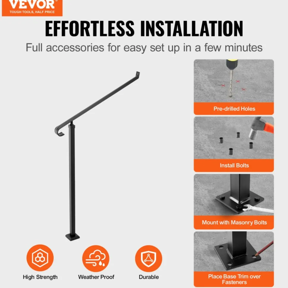 VEVOR Handrails for Outdoor Steps, 3-4 Step Stair Hand Rail Kit, Transitional Carbon Steel Railings with Installation Kit, Stair Rails for Seniors, Concrete Steps & Porch & Deck, White Retro Arch