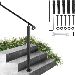 VEVOR Handrails for Outdoor Steps, 3-4 Step Stair Hand Rail Kit, Transitional Carbon Steel Railings with Installation Kit, Stair Rails for Seniors, Concrete Steps & Porch & Deck, White Retro Arch