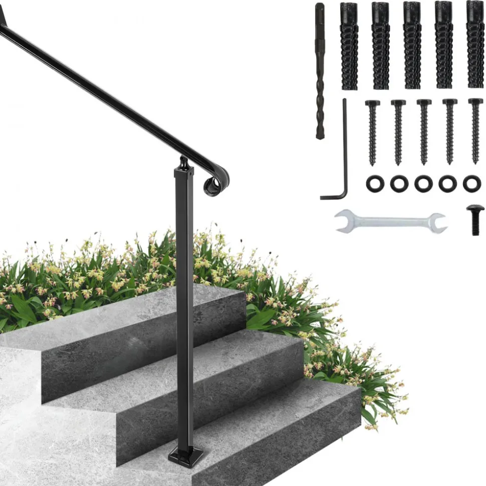 VEVOR Handrails for Outdoor Steps, 3-4 Step Stair Hand Rail Kit, Transitional Carbon Steel Railings with Installation Kit, Stair Rails for Seniors, Concrete Steps & Porch & Deck, White Retro Arch