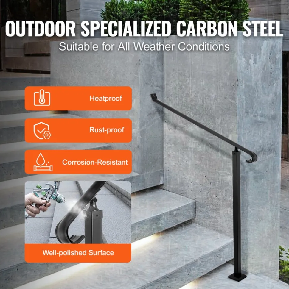 VEVOR Handrails for Outdoor Steps, 3-4 Step Stair Hand Rail Kit, Transitional Carbon Steel Railings with Installation Kit, Stair Rails for Seniors, Concrete Steps & Porch & Deck, White Retro Arch