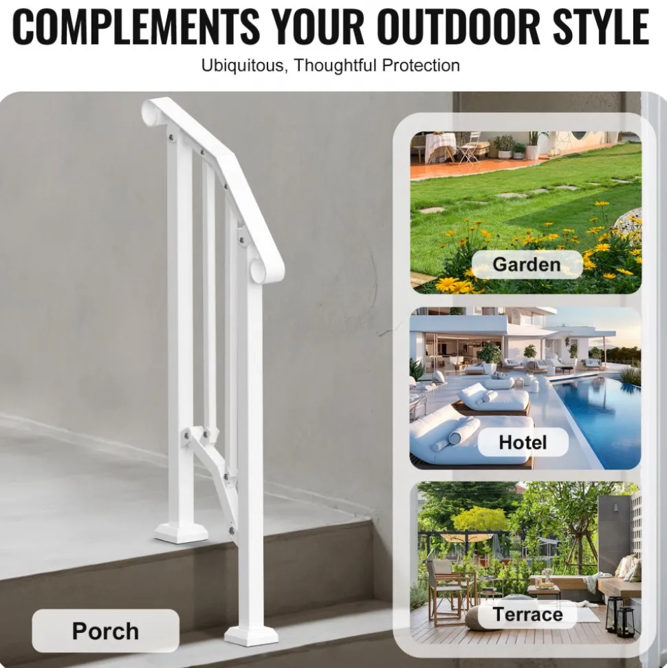 VEVOR Handrails for Outdoor Steps, 1-2 Step Stair Hand Rail Kit, Transitional Carbon Steel Railings with Installation Kit, Stair Rails for Seniors, Concrete Steps & Porch & Deck, White Retro Arch