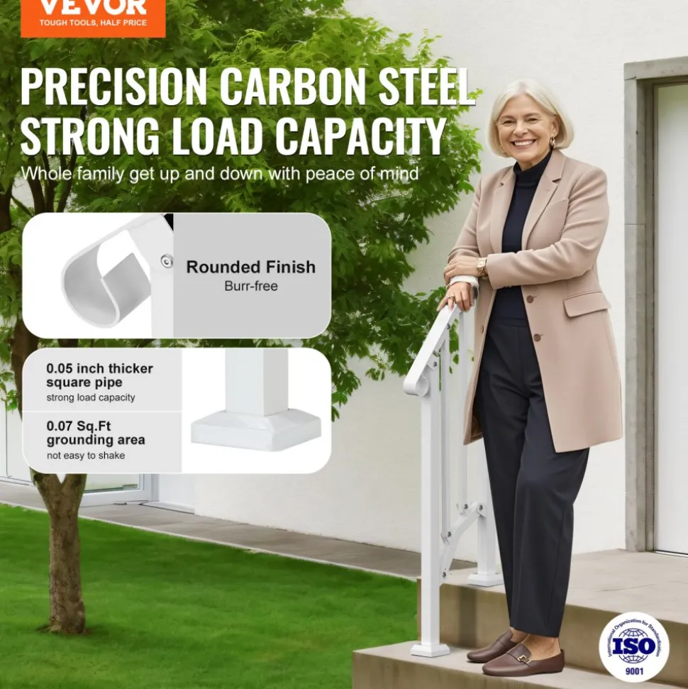 VEVOR Handrails for Outdoor Steps, 1-2 Step Stair Hand Rail Kit, Transitional Carbon Steel Railings with Installation Kit, Stair Rails for Seniors, Concrete Steps & Porch & Deck, White Retro Arch