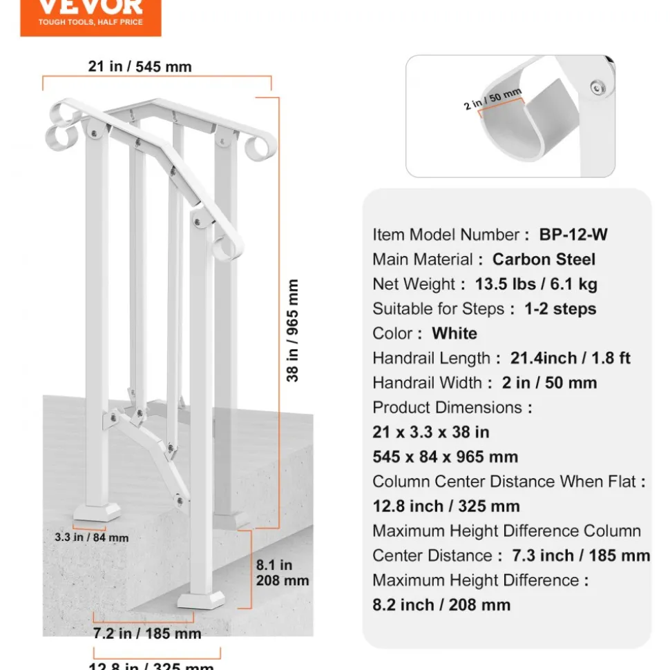 VEVOR Handrails for Outdoor Steps, 1-2 Step Stair Hand Rail Kit, Transitional Carbon Steel Railings with Installation Kit, Stair Rails for Seniors, Concrete Steps & Porch & Deck, White Retro Arch