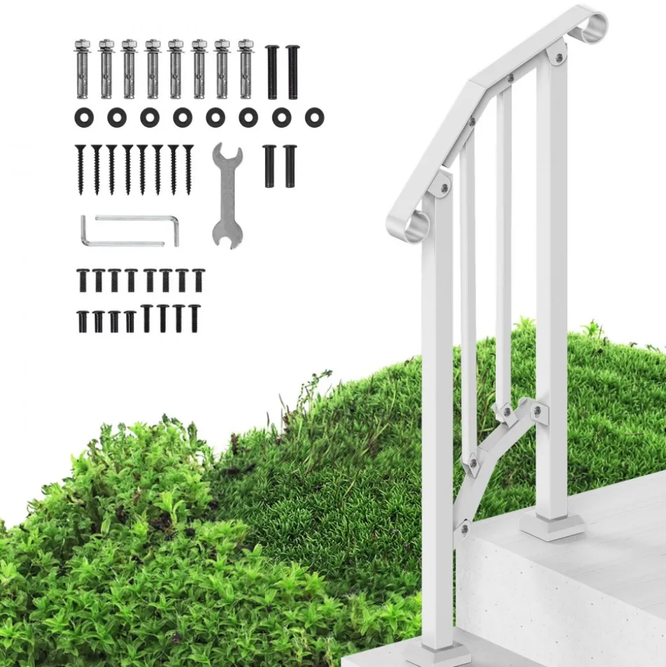 VEVOR Handrails for Outdoor Steps, 1-2 Step Stair Hand Rail Kit, Transitional Carbon Steel Railings with Installation Kit, Stair Rails for Seniors, Concrete Steps & Porch & Deck, White Retro Arch