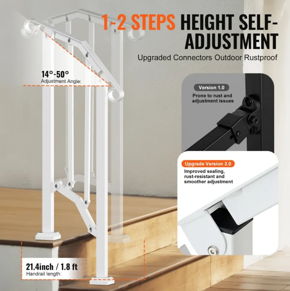 VEVOR Handrails for Outdoor Steps, 1-2 Step Stair Hand Rail Kit, Transitional Carbon Steel Railings with Installation Kit, Stair Rails for Seniors, Concrete Steps & Porch & Deck, White Retro Arch