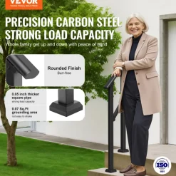 VEVOR Handrails for Outdoor Steps, 1-2 Step Stair Hand Rail Kit, Transitional Carbon Steel Railings with Installation Kit, Stair Rails for Seniors, Concrete Steps & Porch & Deck, Black Square Tube