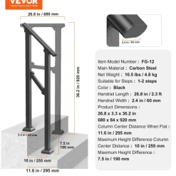 VEVOR Handrails for Outdoor Steps, 1-2 Step Stair Hand Rail Kit, Transitional Carbon Steel Railings with Installation Kit, Stair Rails for Seniors, Concrete Steps & Porch & Deck, Black Square Tube