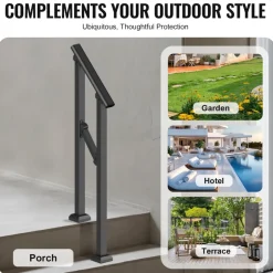 VEVOR Handrails for Outdoor Steps, 1-2 Step Stair Hand Rail Kit, Transitional Carbon Steel Railings with Installation Kit, Stair Rails for Seniors, Concrete Steps & Porch & Deck, Black Square Tube