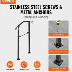 VEVOR Handrails for Outdoor Steps, 2-3 Step Stair Hand Rail Kit, Transitional Carbon Steel Railings with Installation Kit, Stair Rails for Seniors, Concrete Steps & Porch & Deck, Black Square Tube