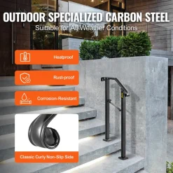 VEVOR Handrails for Outdoor Steps, 2-3 Step Stair Hand Rail Kit, Transitional Carbon Steel Railings with Installation Kit, Stair Rails for Seniors, Concrete Steps & Porch & Deck, Black Square Tube