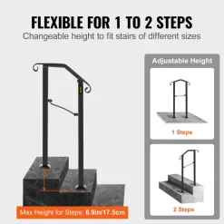 VEVOR Handrails for Outdoor Steps, 2-3 Step Stair Hand Rail Kit, Transitional Carbon Steel Railings with Installation Kit, Stair Rails for Seniors, Concrete Steps & Porch & Deck, Black Square Tube