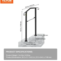VEVOR Handrails for Outdoor Steps, 2-3 Step Stair Hand Rail Kit, Transitional Carbon Steel Railings with Installation Kit, Stair Rails for Seniors, Concrete Steps & Porch & Deck, Black Square Tube