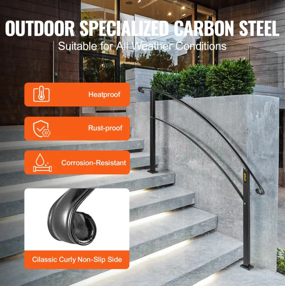 VEVOR Handrails for Outdoor Steps, Fit 1 or 5 Steps Outdoor Stair Railing, Black Wrought Iron Handrail, Flexible Front Porch Hand Rail, Transitional Handrails for Concrete Steps or Wooden Stairs