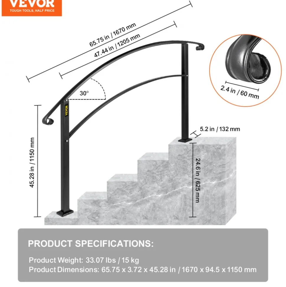 VEVOR Handrails for Outdoor Steps, Fit 1 or 5 Steps Outdoor Stair Railing, Black Wrought Iron Handrail, Flexible Front Porch Hand Rail, Transitional Handrails for Concrete Steps or Wooden Stairs
